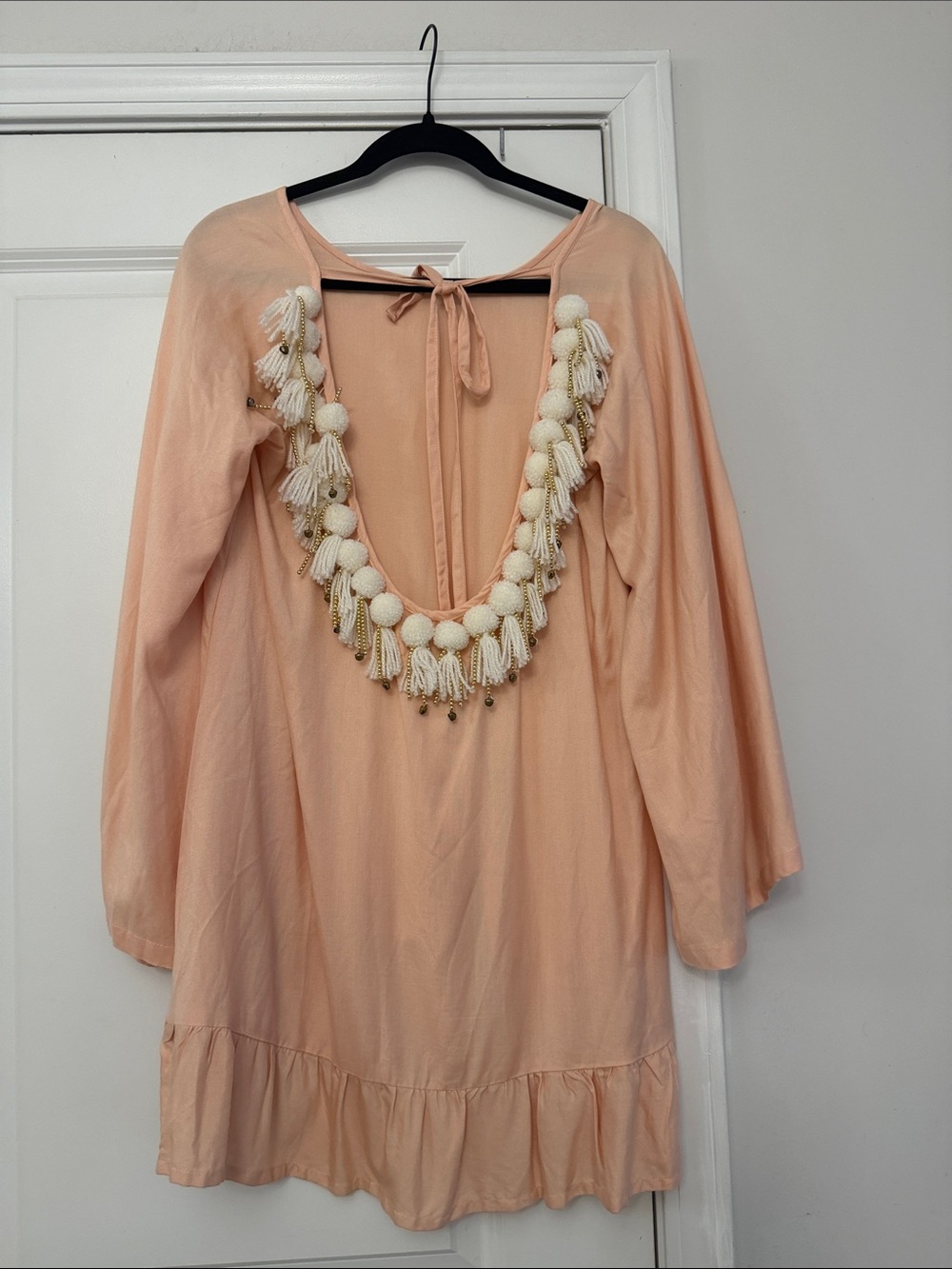 Peach Tassel Pom-Pom V-Neck Tunic Dress